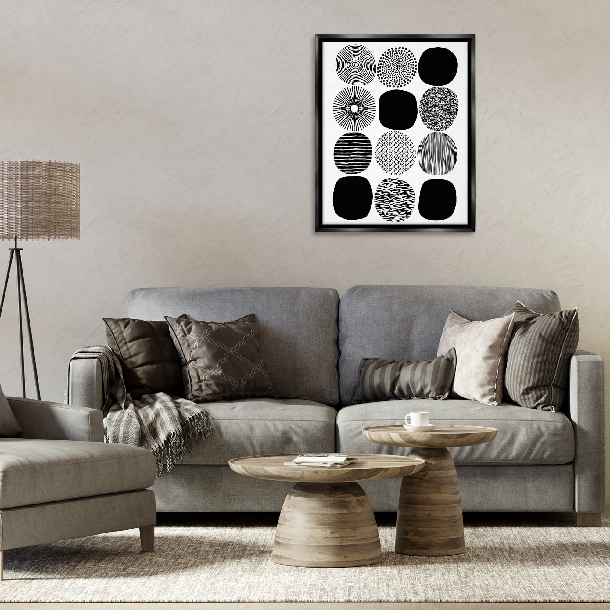 Stupell Industries Black & White Pattern Circles Abstract Painting Black Floater Framed Canvas Art Print Wall Art, 25 x 31