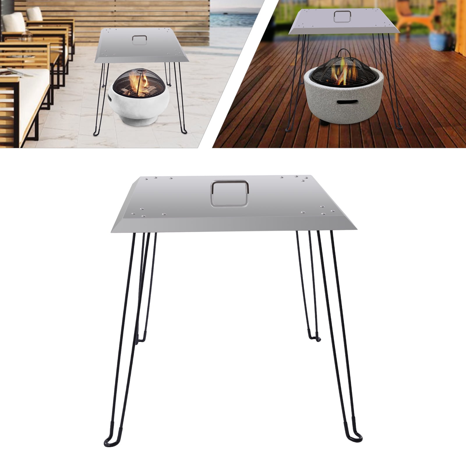 61*61*61cm Silver Square Stainless Steel Outdoors Fire Pit Heat Deflector Pushes Heat Down and Out with Carrying Handle