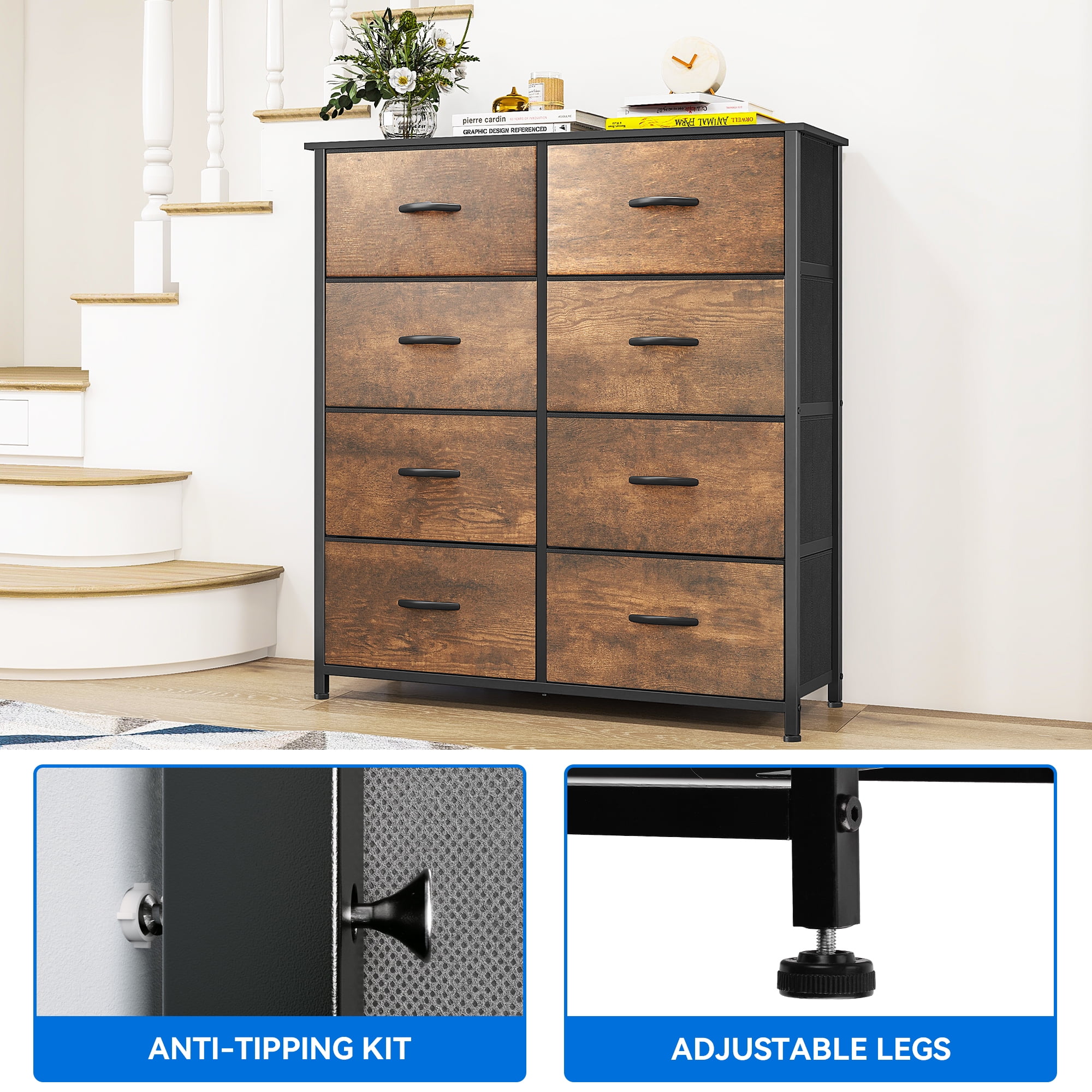 Uforic Rustic Brown 8-Drawer Fabric Dresser, Storage for & Living Room, for Adults & Teens