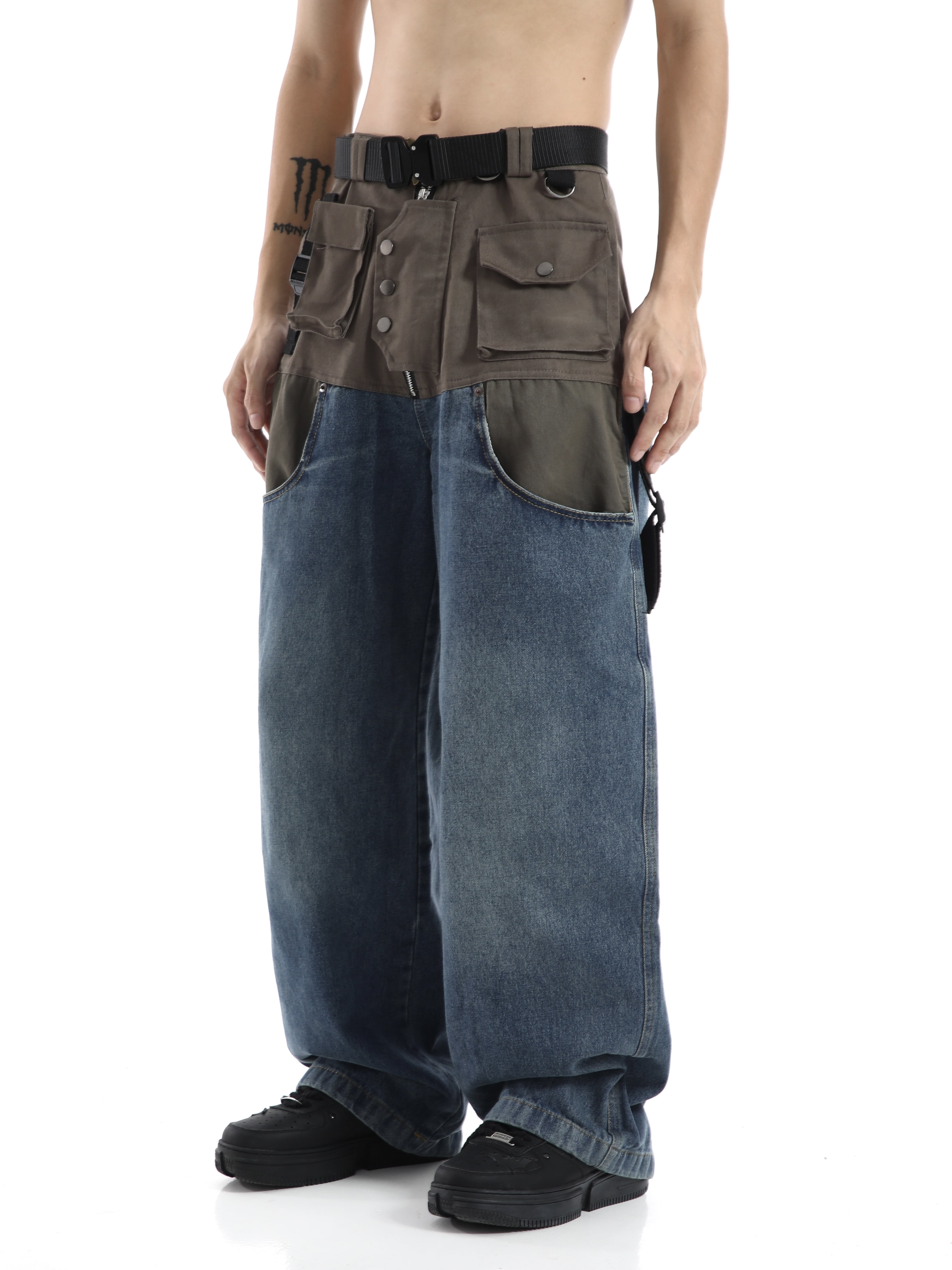 AnQingLueLv Patchwork Baggy Wide Leg Jeans Pants Men