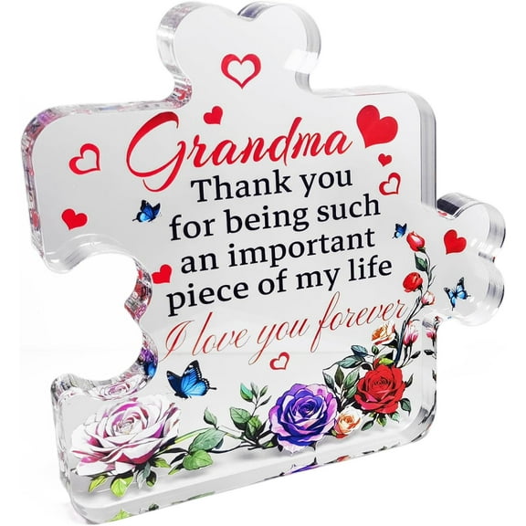 Gift for Grandma, Acrylic Puzzle Plaque Keepsake Desk Decor Idea, 4.9x 4.9 IN Anniversary Mother's Day Grandmother Birthday Present from Grandchildren Granddaughter Grandson (Grandma)