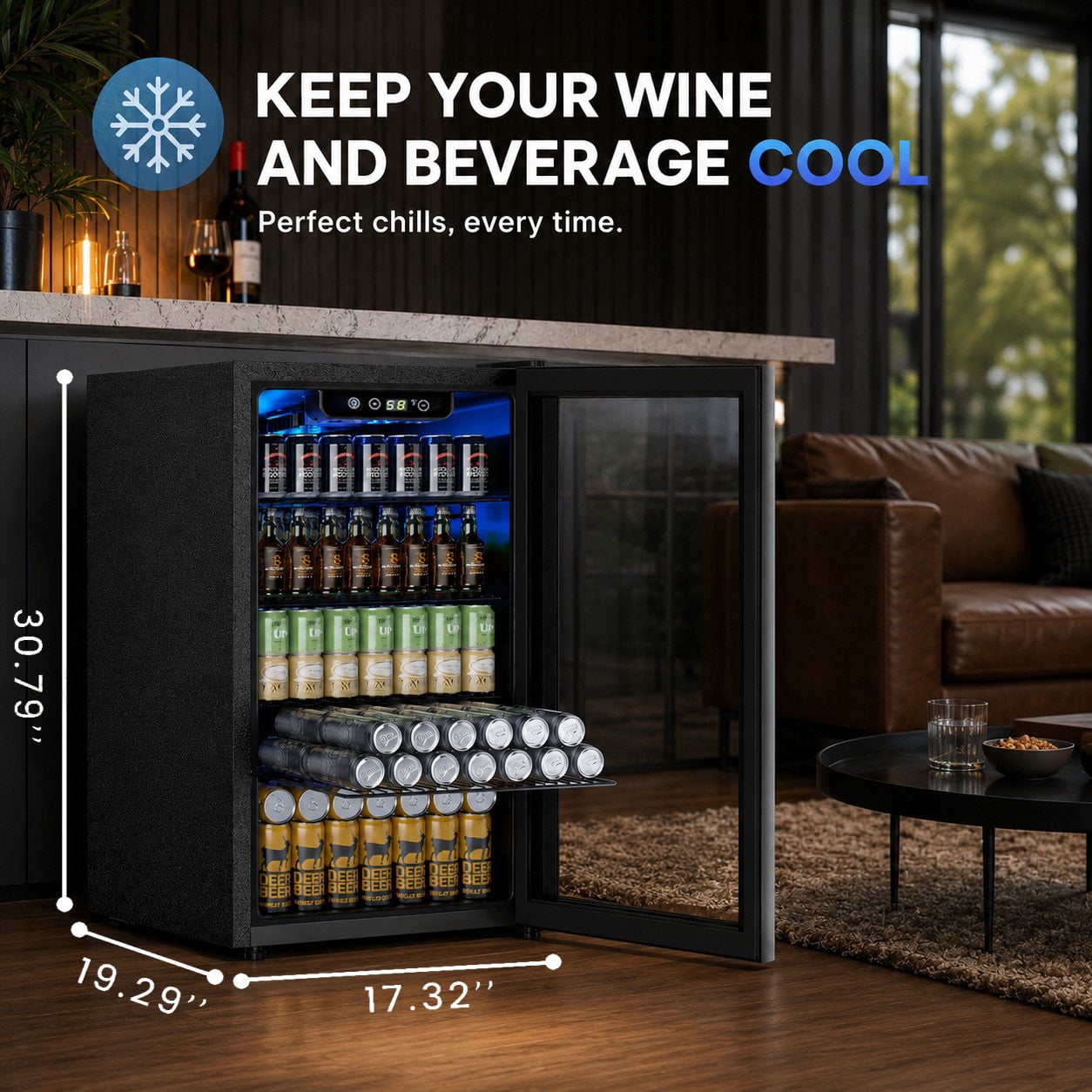 Auseo 126 Can Beverage Refrigerator and Cooler with Glass Door for Home/Office/Bar,19.29 in D, 30.79 in H,Black