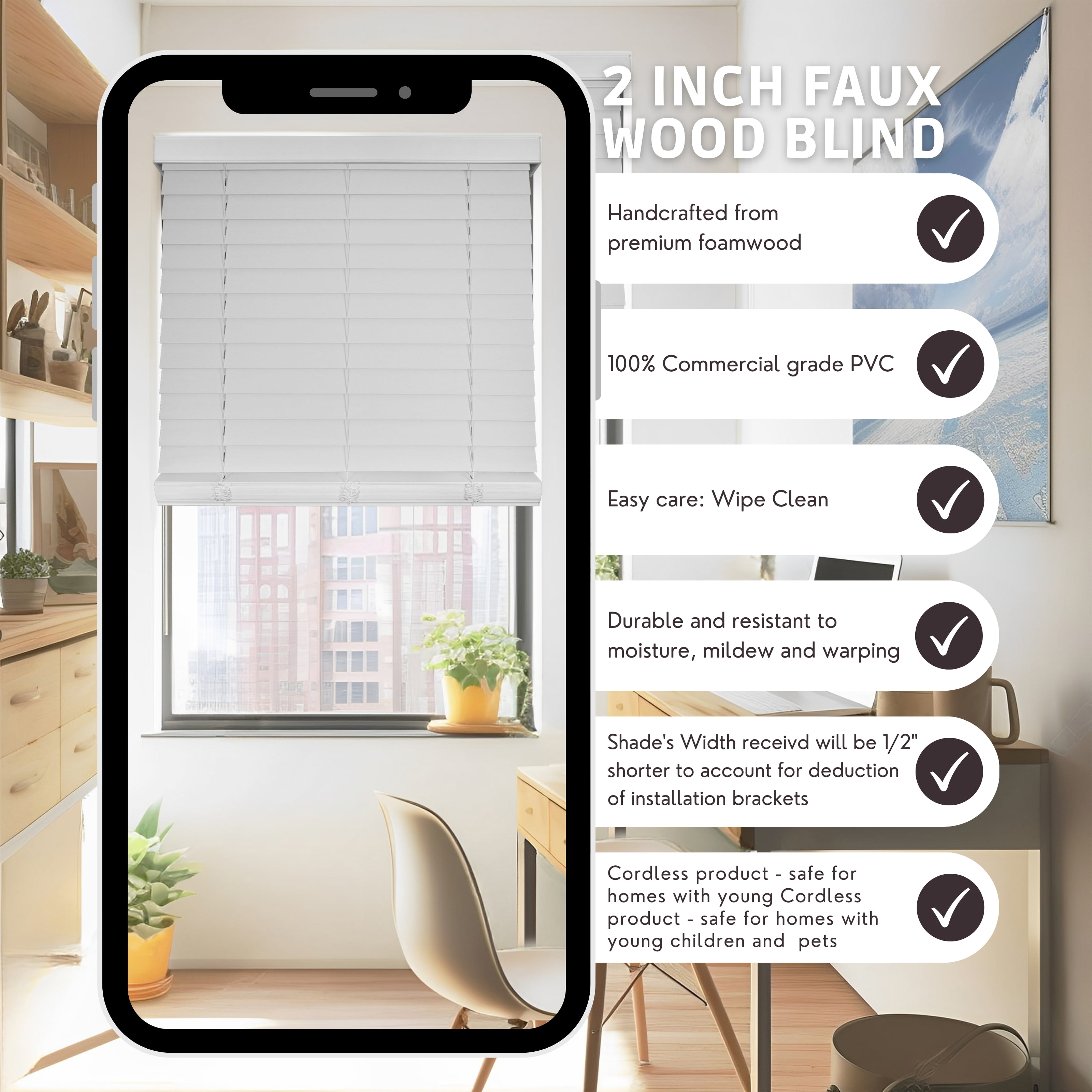 Chicology Cordless Faux Wood Blinds, White Textured (2" Slat), 24.5"W X 72"H