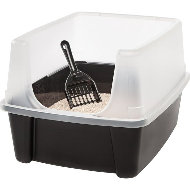 IRIS USA, OpenTop Cat Litter Box with Shield and Scoop, Black