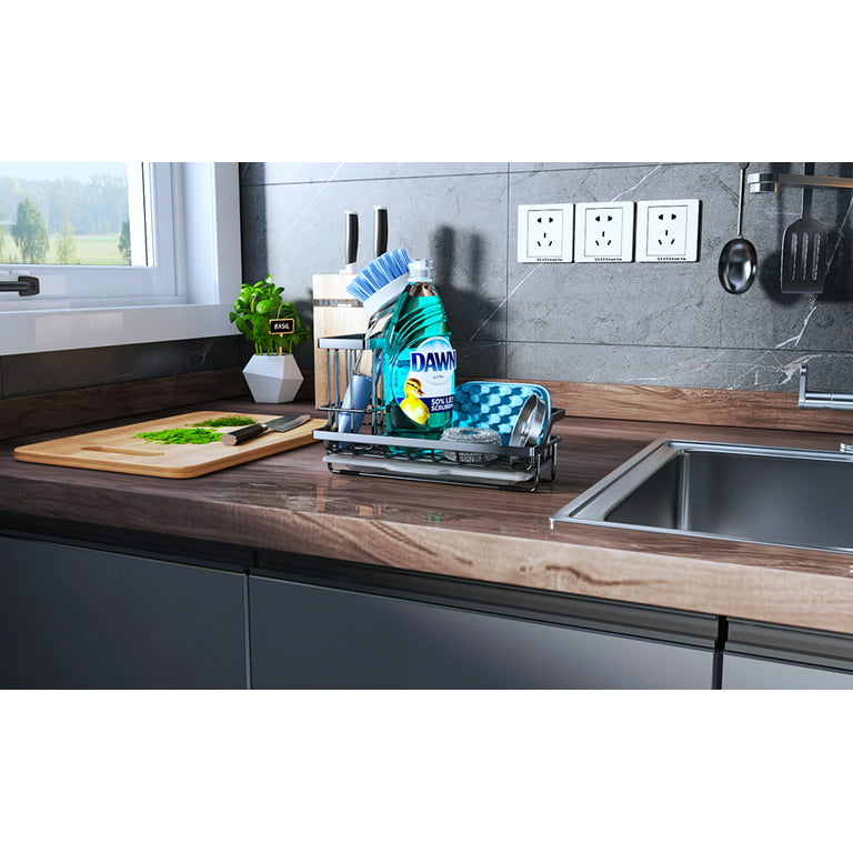 Aetomce 2-in-1 Kitchen Sink Caddy Sponge Holder + Brush Holder, Small In-Sink Dish Sponge Caddy, 304 Stainless Steel Rust Proof, Hanging Kitchen Sink