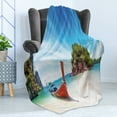 thumbnail image 4 of Tropical Soft Flannel Fleece Blanket, Surreal Beach in Thailand with an Old Wooden Boat Island Ocean Picture, Cozy Plush for Indoor and Outdoor Use, 60" x 80", Fern Green Blue Cream, by Ambesonne, 4 of 5