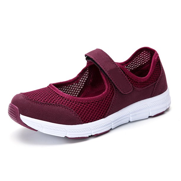 Zapatos para caminar para mujeres de edad avanzada tipo gancho y anillo, zapatos para caminar para mujeres suaves, transpirables, antideslizantes y elásticos, zapatos deportivos rojos 36