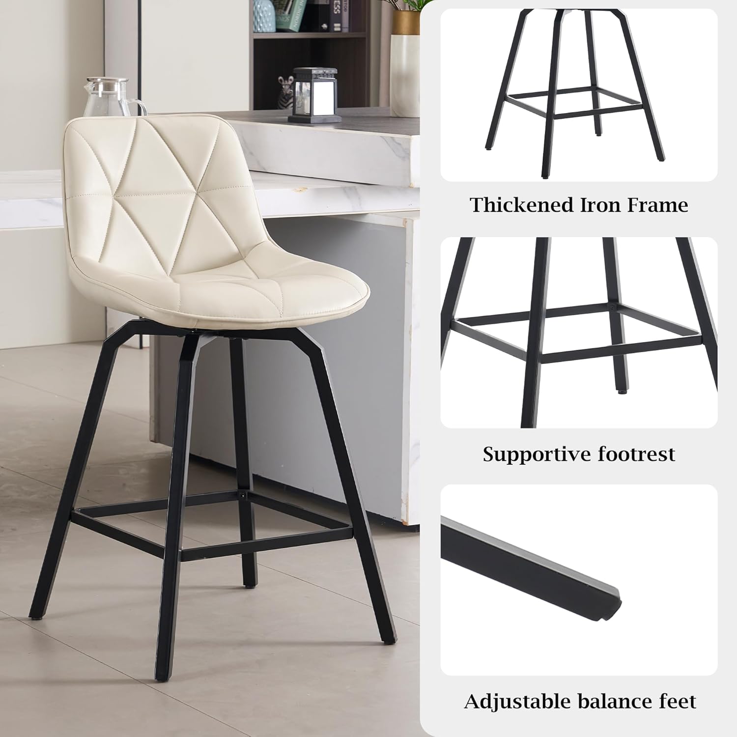Fancrou 26″ Swivel Counter Height Bar Stools Set Of 4, Triangular Pattern Faux Leather Seat With Metal Legs And Back, White