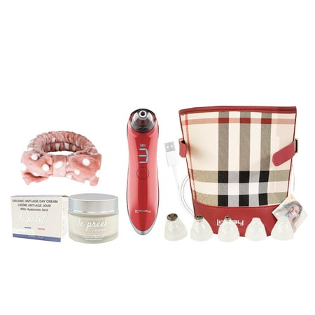 LINSAY Microdermabrasion and Pore Cleaner Device Bundle with le preel Paris Organic Day Time Cream, USB Cable, Headband and Bag