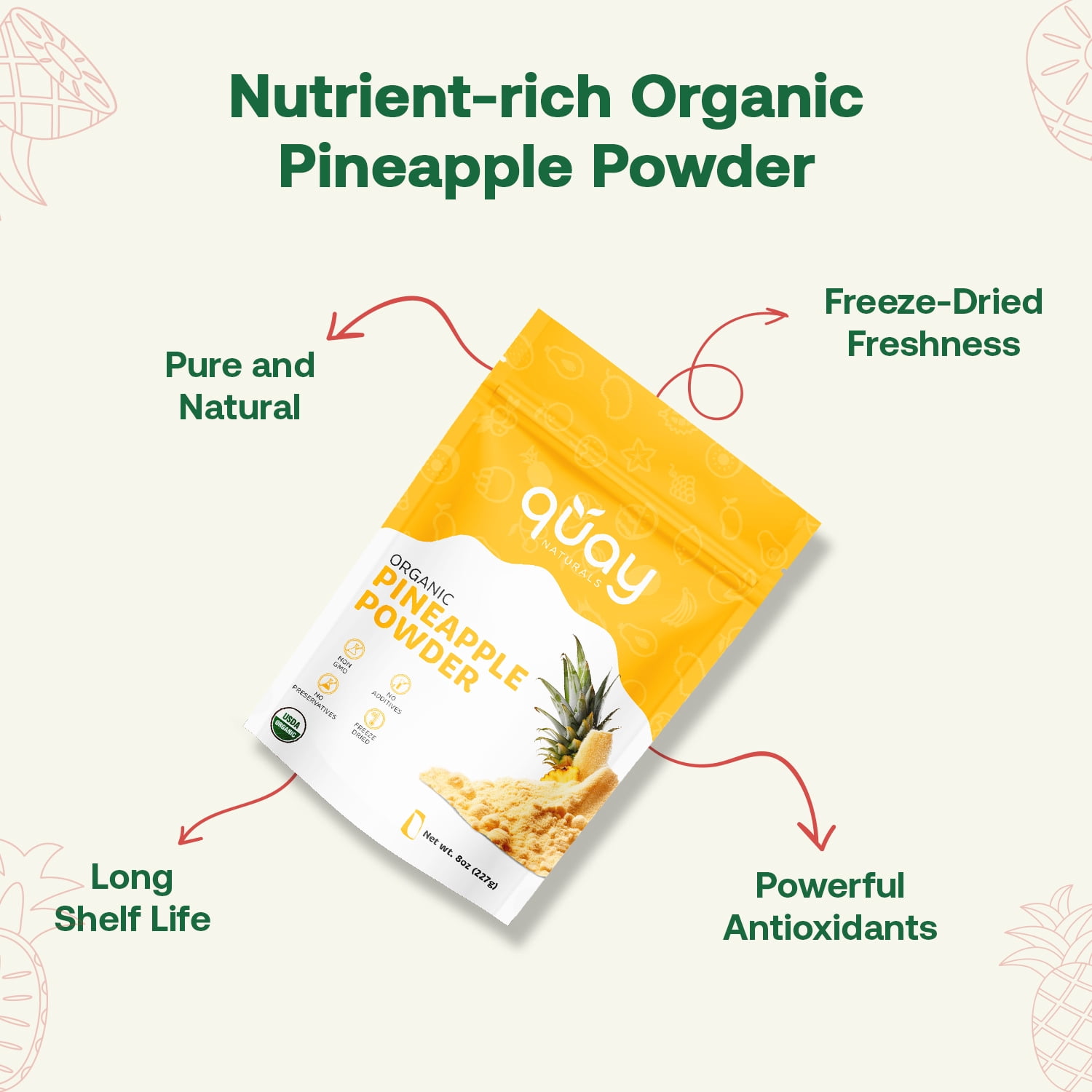 Quay Naturals Organic Pineapple Powder, 8oz, USDA Organic, Freeze-Dried Pineapple Fruit Powder, No Additives, Gluten-Free