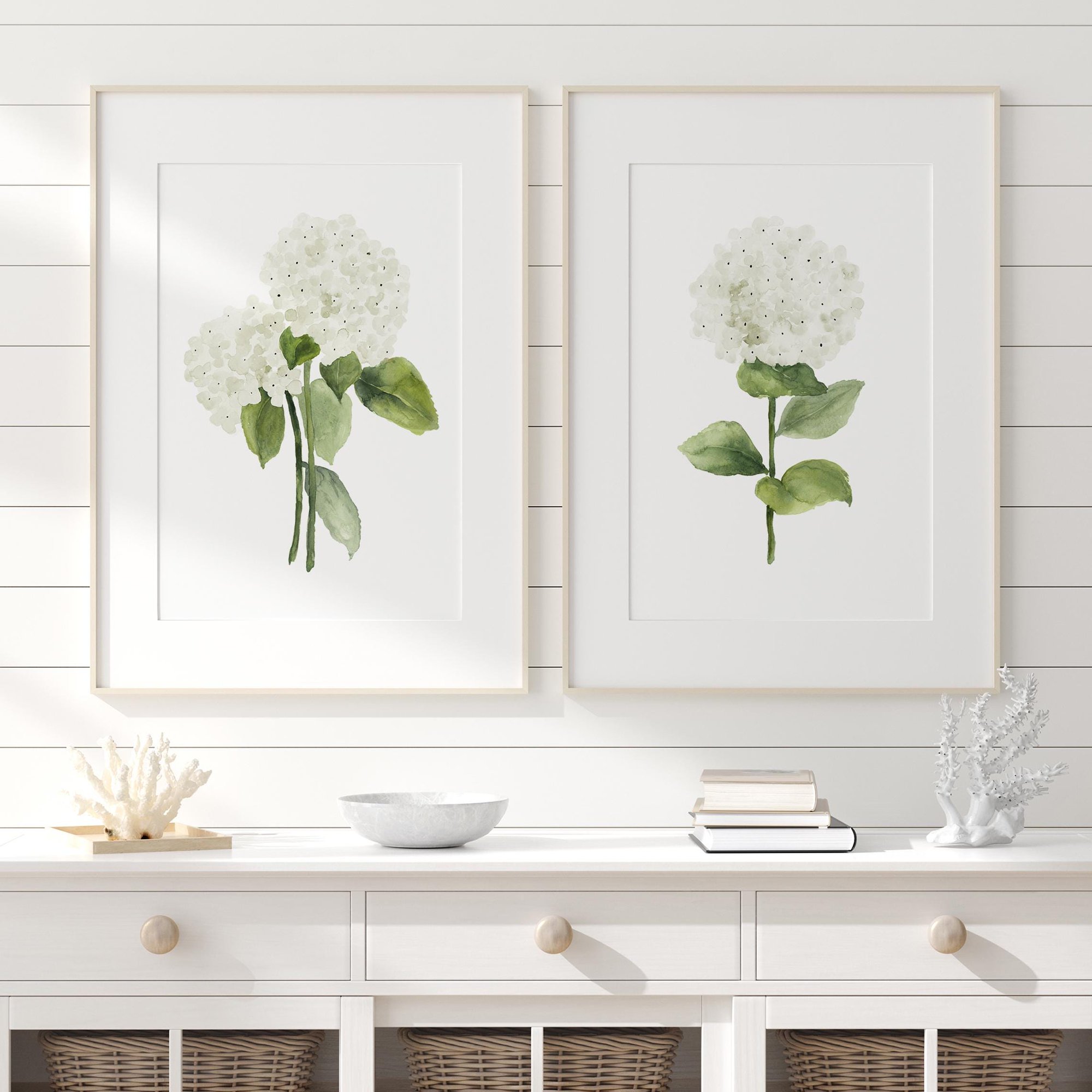 Soft Neutral Hydrangeas Floral Prints Modern Botanical Gift from Artist Set 2