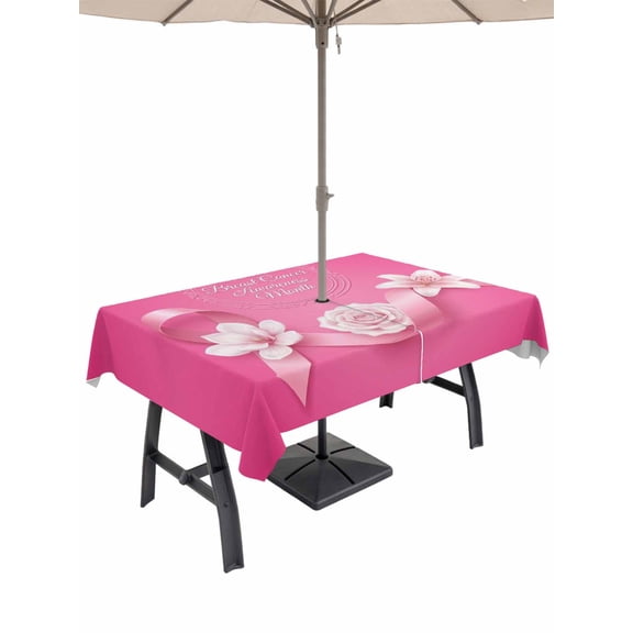 Outdoor Tablecloth with Umbrella Hole for Patio/Picnic/Party/Camping, Pink String Waterproof Table Cloth Rectangle Table Cover Washable, Spring Flowers Breast Cancer Awareness (60"x 102")