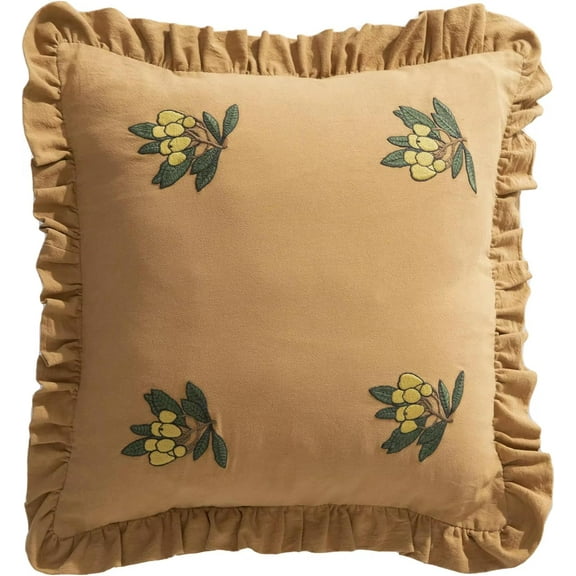 Fennco Styles Loquat Embroidered Double Layer Ruffle Throw Pillow Cover 18" W x 18" L - Clay Cotton Cushion Case for Home, Couch, Living Room, Bedroom, Office and Holiday Décor