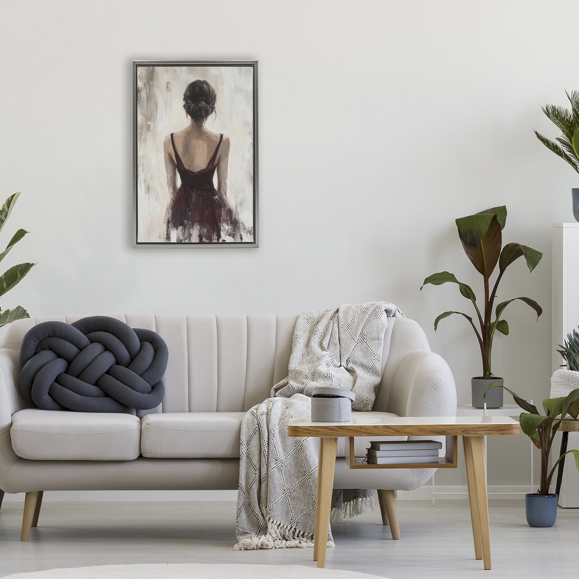 Stupell Industries Portrait of Woman in Burgundy Gray Framed Floater Canvas Wall Art, design by Petal Prints Design