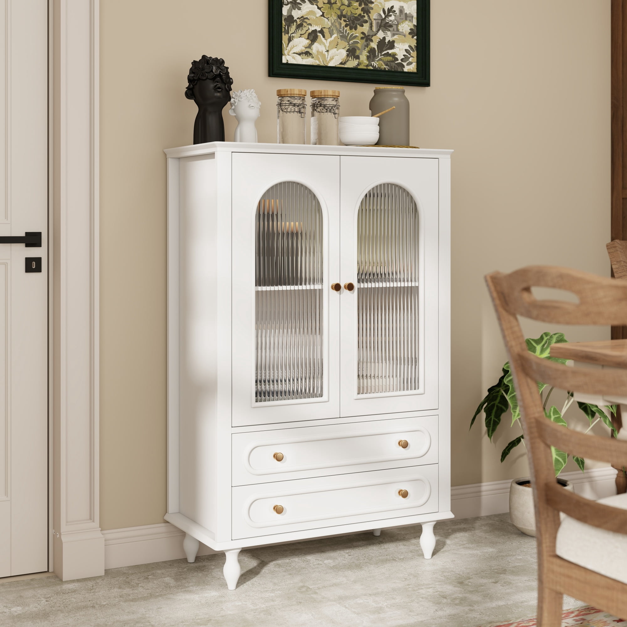Leumius 46.5" Glass Display Cabinet with Ribbed Glass Doors,Wooden Curio Cabinet with 2 Drawers and Adjustable Shelf, Freestanding Buffet Cabinet Unit for Living Room Dining Room White