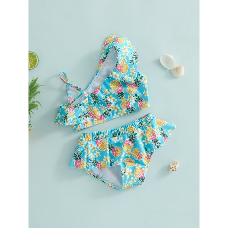 Diconna Summer Sweet Kids Girls 2PCS Bikini Set Swimsuits Cute Ruffle Tank Tops Bikini Bottom Bathing Suit Set Blue Pineapple 4 5 Years