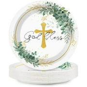 48pcs 7inch God Bless Baptism Plates First Holy Communion Tableware Newborn Baby Shower Mi Bautizo Eucalyptus Leaves Sage Disposable paper Dinnerware for Christening Religious Church Party Decorations
