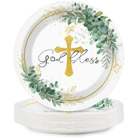 48pcs 7inch God Bless Baptism Plates First Holy Communion Tableware Newborn Baby Shower Mi Bautizo Eucalyptus Leaves Sage Disposable paper Dinnerware for Christening Religious Church Party Decorations