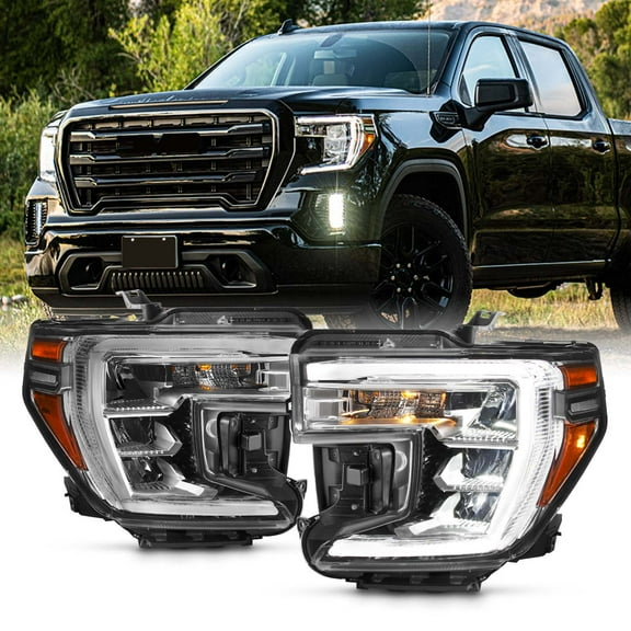 AKKON - Fit 2019 2020 2021 2022 GMC Sierra 1500 LED DRL Headlight w/Halogen Type Signal Chrome OE Style Drive   Passenger