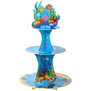 3 Tier Shark Party Cupcake Stand Decorations Under The Sea Theme Cupcake Holder Ocean Animal Dessert Tower for Kids Ocean Theme Party Baby Shower Fishing Birthday Favor(Under The Sea)