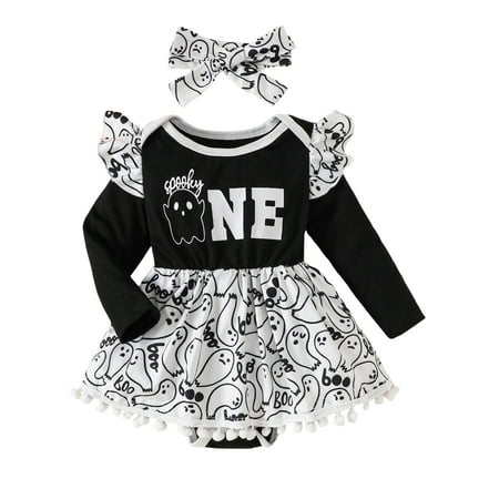 

ELF Baby Girls 2Pcs Halloween Outfits Long Sleeve Ghost Print Romper with Headband Set Newborn Clothes