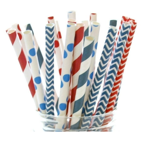Independence Day Drink Straws, Red, Blue & White Straw Set, 4th of July Straws, America Party Straws (25 Pack) - USA Patriotic Military July 4th
