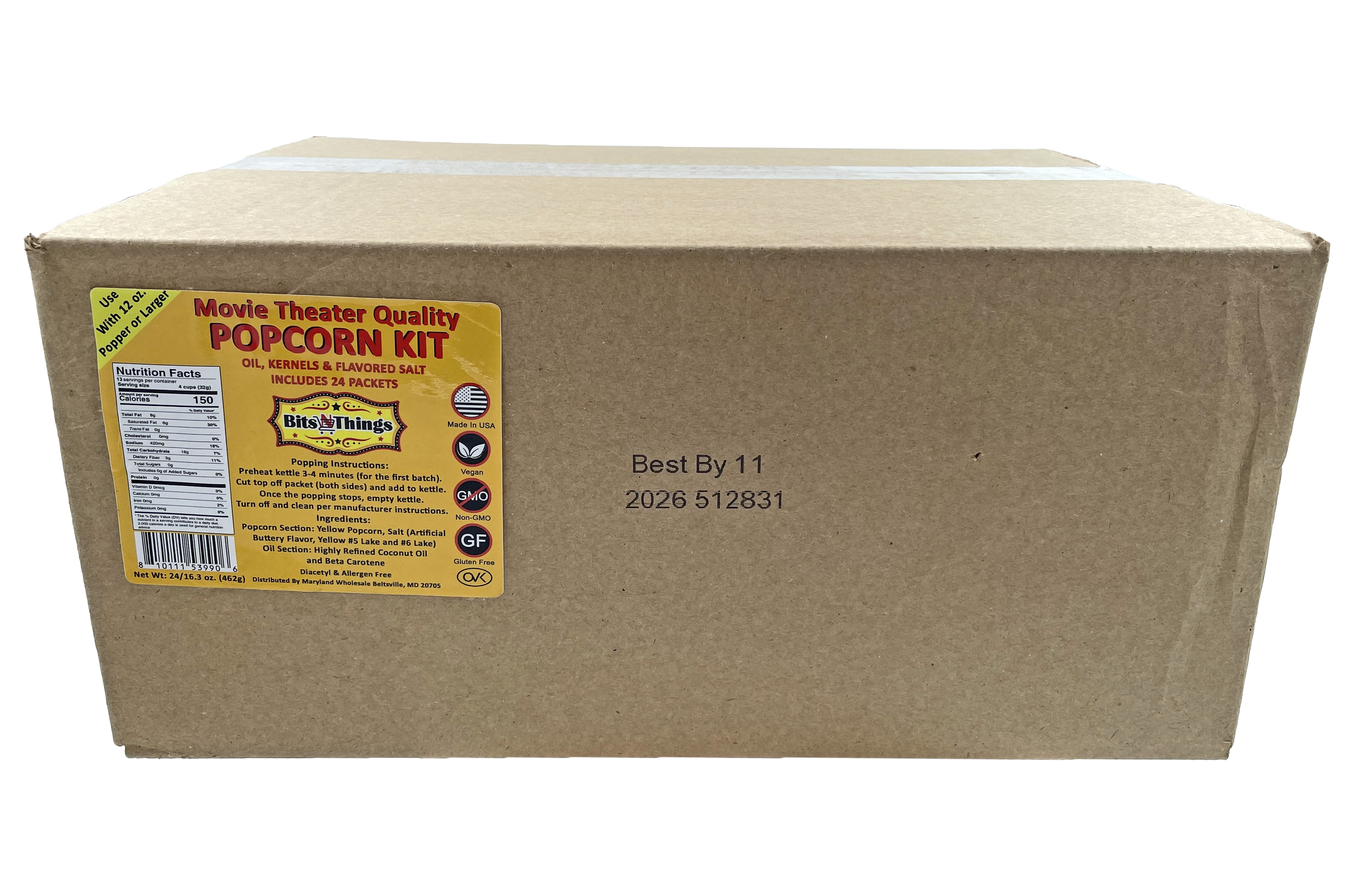 Home Theater All in One Popcorn Kit For 12 oz. Popper | Portion Packets with Kernels, Oil and Flavored Salt | By Bits N Things | Pack of 24