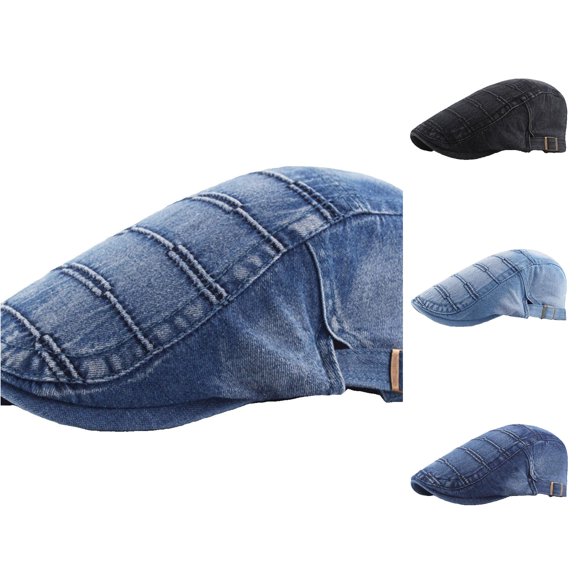 Vintage Distressed Denim Flat Cap Classic Sew‑Up Hat Adjustable Strap Lightweight Daily Driving Travel Beret Hat