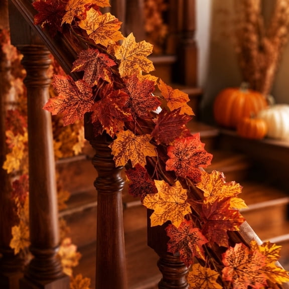 Fall Decor Artificial Maples Leaf Pumpkin Garland Autumn Maple Vines Garland Thanksgiving Halloween Harvest Decorations for Home Porch Mantle Fireplace Farmhouse Outdoor Indoor - (B)