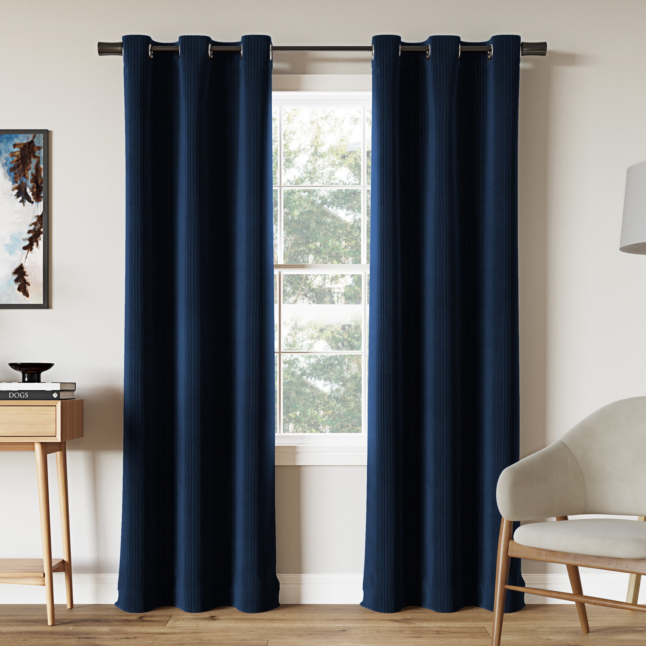 Sun Zero Cascade 1-Piece Pleated Velvet Blackout Grommet Curtain Panel, 40"X84", Navy Blue