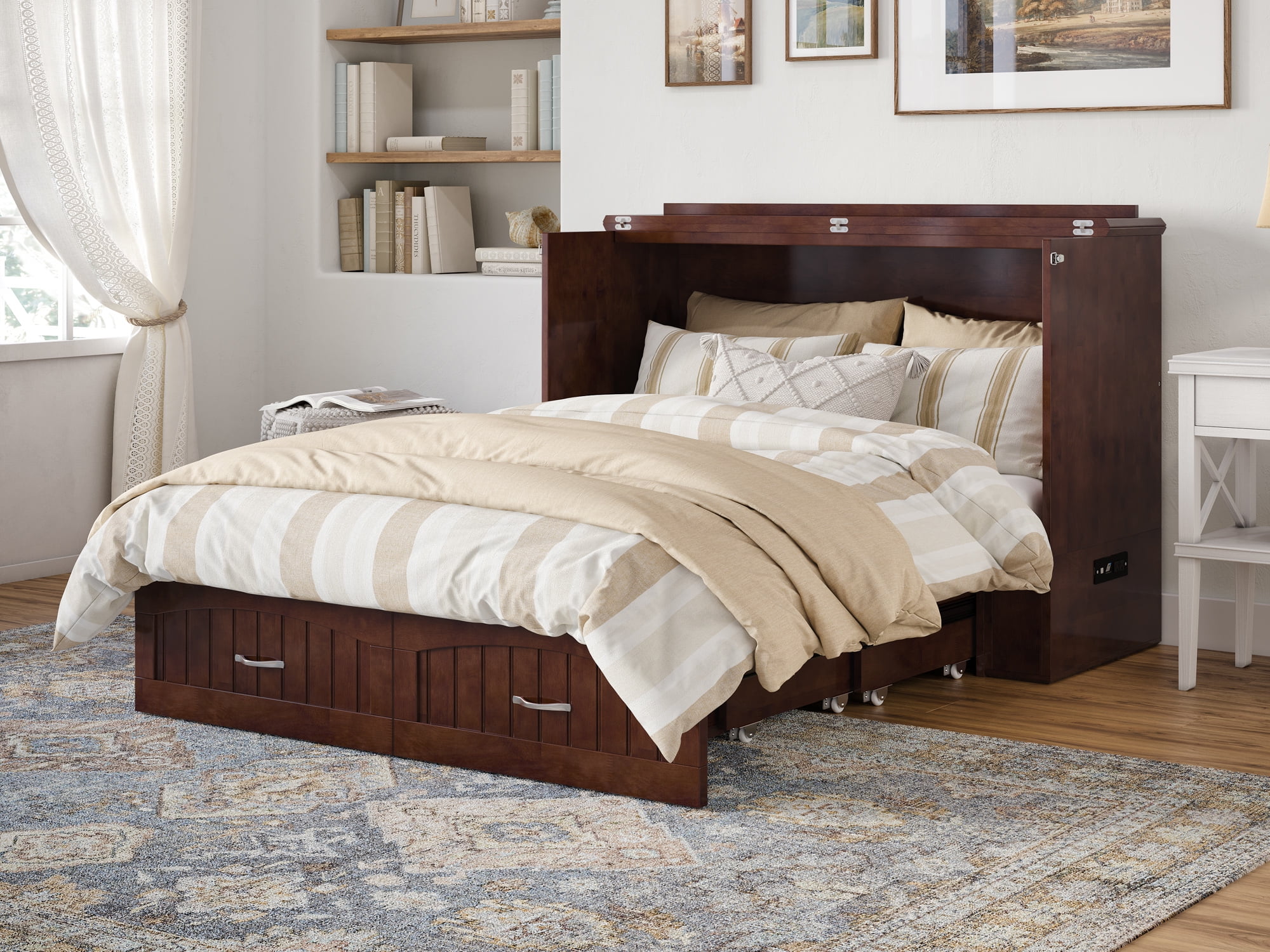 AFI Southampton Full Wood Murphy Bed Chest with Mattress, Drawer