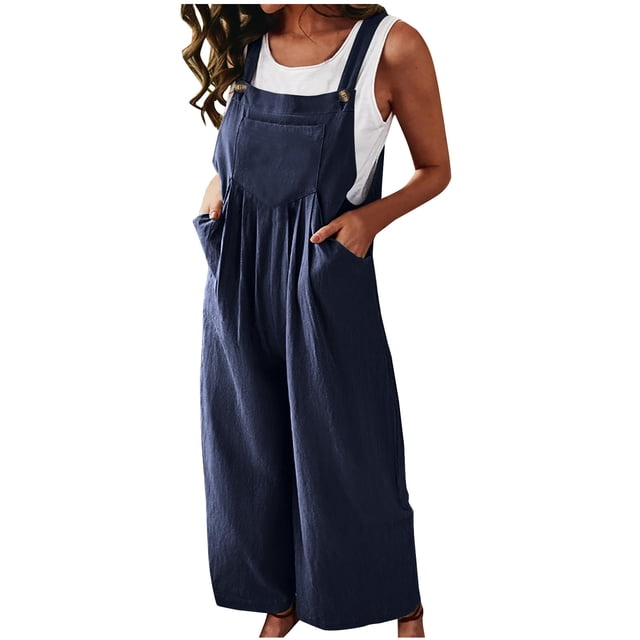 Birdeem Womens Linen Cotton Solid Color Sleeveless Pocket Casual Wide Leg Side Button Jumpsuit