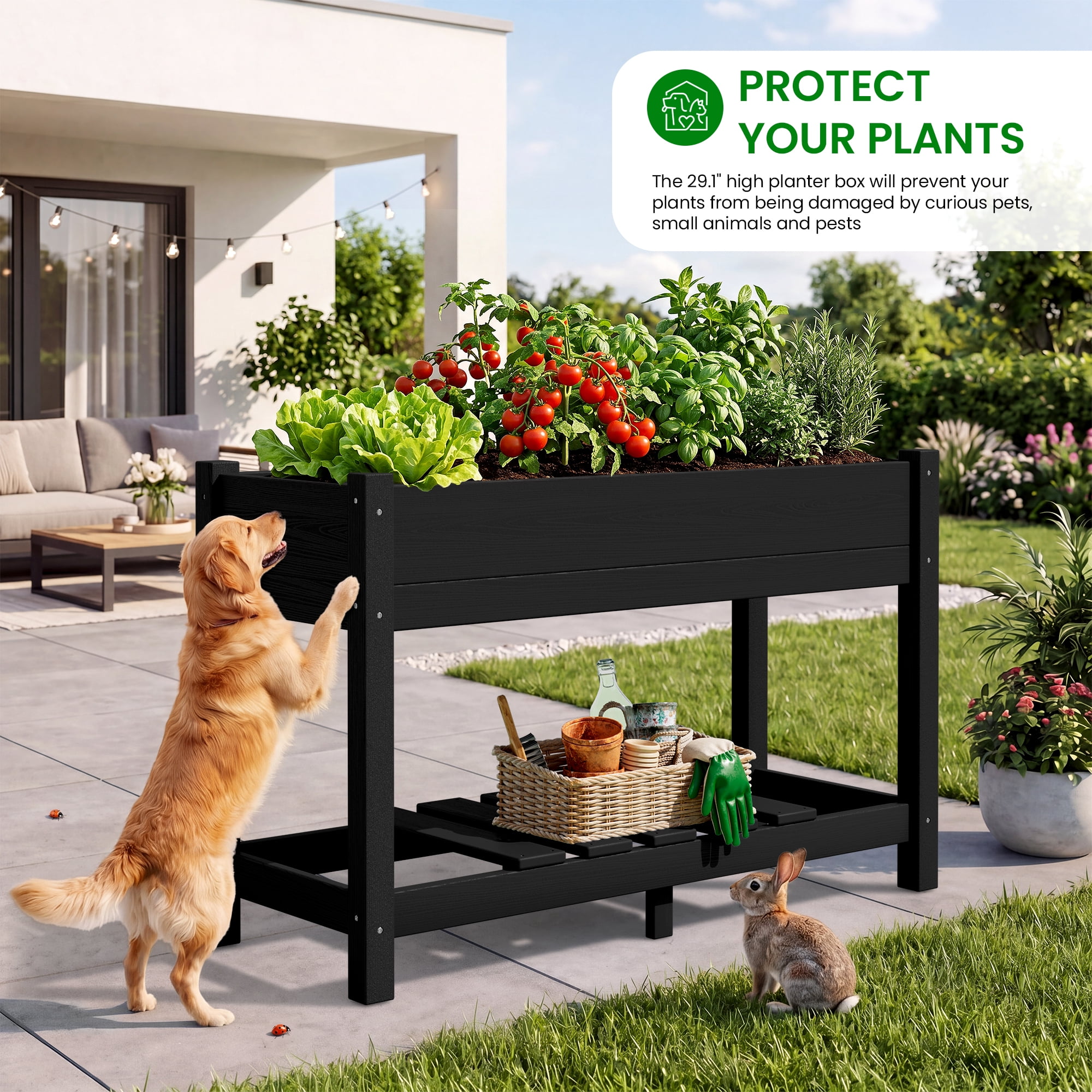 SERWALL HDPE Raised Garden Bed with Legs, 43"x16"x30" Elevated Planter Box, Outdoor Planter for Vegetables Flowers, 2-Piece, Black