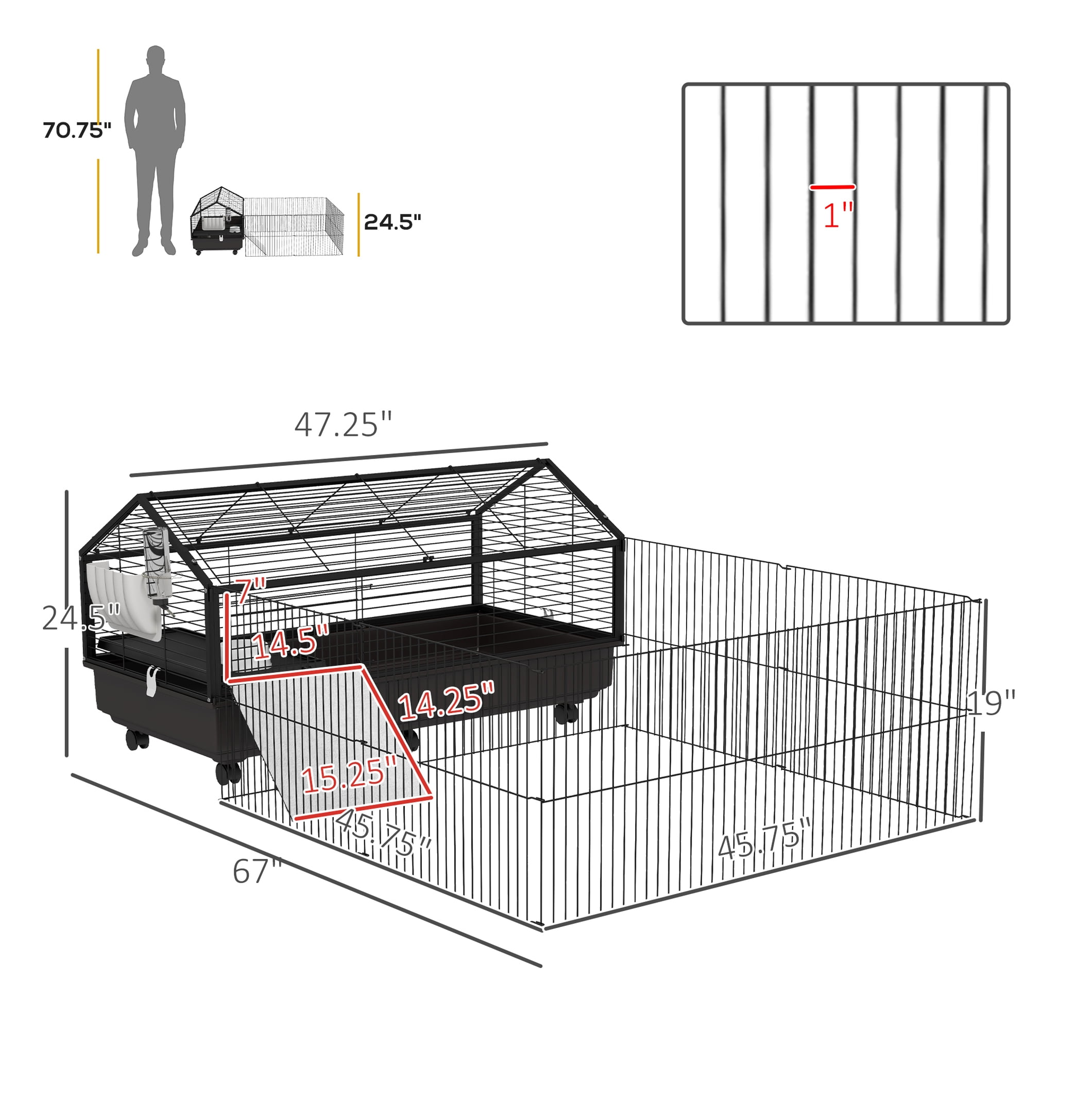 Small Animal Cage with Run, Rolling Bunny Cage, Guinea Pig Habitat, Hedgehog Cage - 46.5" - Includes Bottle, Bowl & Ramps