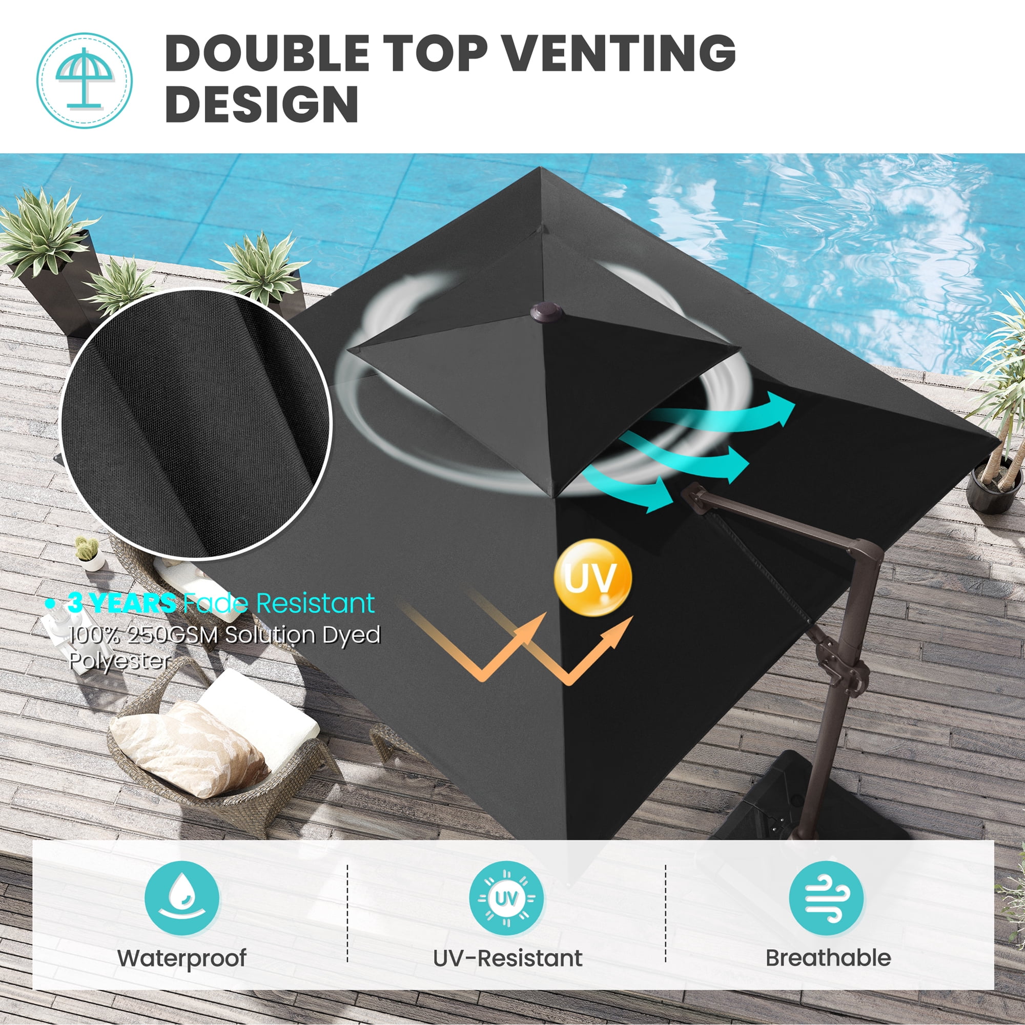 Pellebant 10 ft. x 10 ft. Square Double Top Patio Cantilever Umbrella, Black