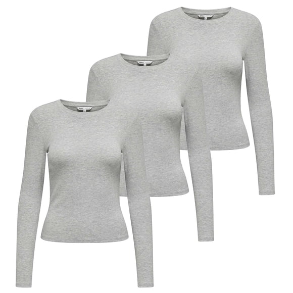 ONLY Camiseta de manga larga para mujer paquete de 3 - ONLRILEY O-NECK TOP, manga larga, cuello redondo, algodón elástico Gris XL (X-Large)