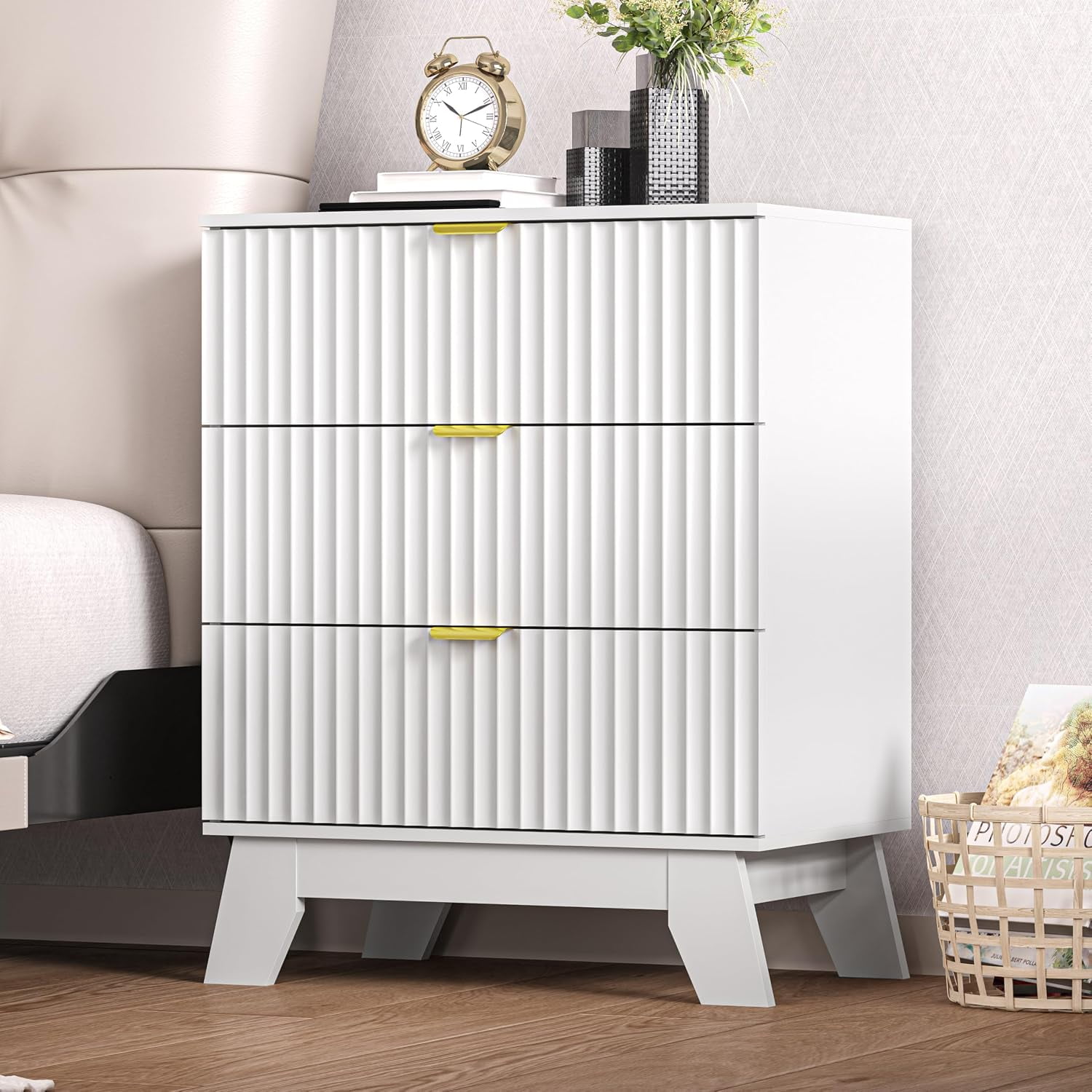 White Nightstand with 3 Large Drawers 24 Wide End Table with Curved Metal Handles Fluted Wood Small Dresser Bedside Table Modern Chest of Drawers for Bedroom Living Room