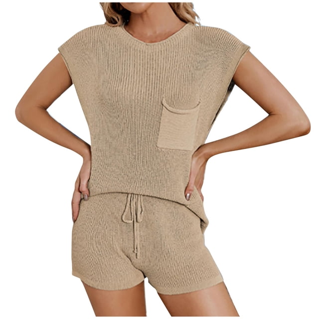 Yuyuzo Ensembles d'Été 2 Pcs pour Femmes, Hauts à Manches Cap et Col Ras du Cou, Shorts à Cordon, Ensembles Décontractés de Détente