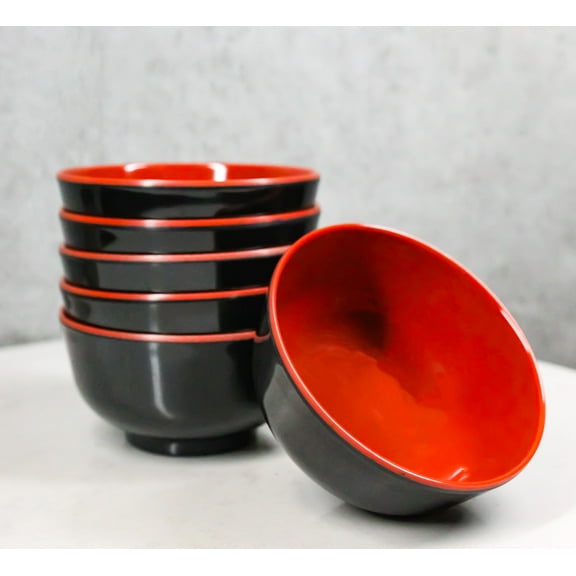 Set Of 6 Red And Black Round Ridged Small Soup Salad Rice Melamine Bowls 4"D