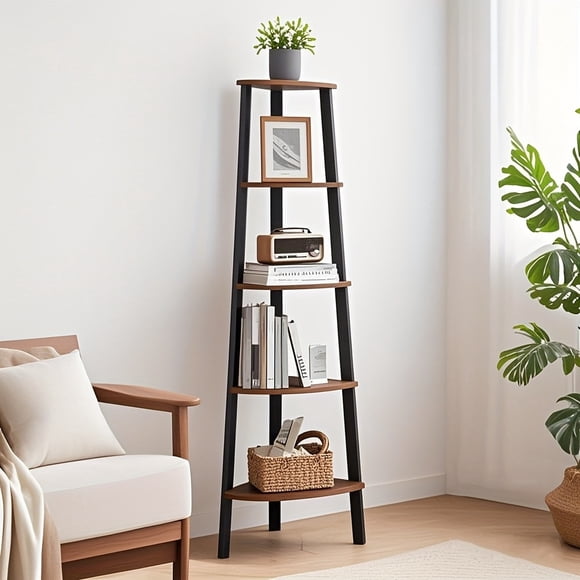 Corner Shelf, 5-Tier Corner Bookshelf, Storage Shelving Unit, Plant Stand for Living Room, Industrial Accent Furniture with Steel Frame,Rustic Brown And Black