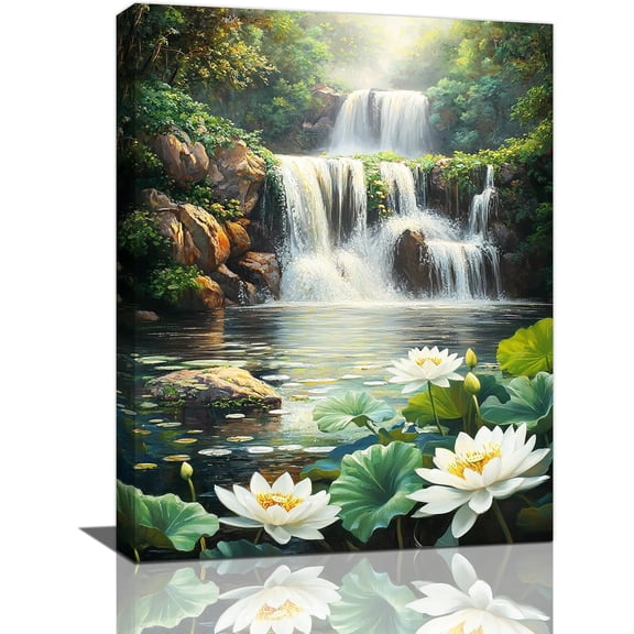 12x16 inch, Farmhouse Lotus Wall Art Waterfall Pictures Wall Decor Rustic Mountain Flowers Canvas Painting Print