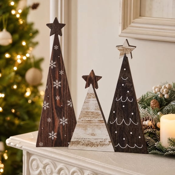 FeiBiQiuBi 3 Pcs Rustic Christmas Tree Wooden Table Decorations, Conical Farmhouse Small Xmas Tree Tabletop Centerpiece, Standing Top Star, Mantel Shelf, Home Shelf Mantel Fireplace Party Decor