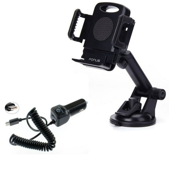 Type-C 3.1A Charger w Windshield Dash Car Mount M1A for Acer Liquid Jade Primo - Alcatel PulseMix, 7, Idol 5S 5 4S - ASUS Zenfone V Live, ROG Phone, AR 6 5z 4 Pro - Blackberry Motion, Key2