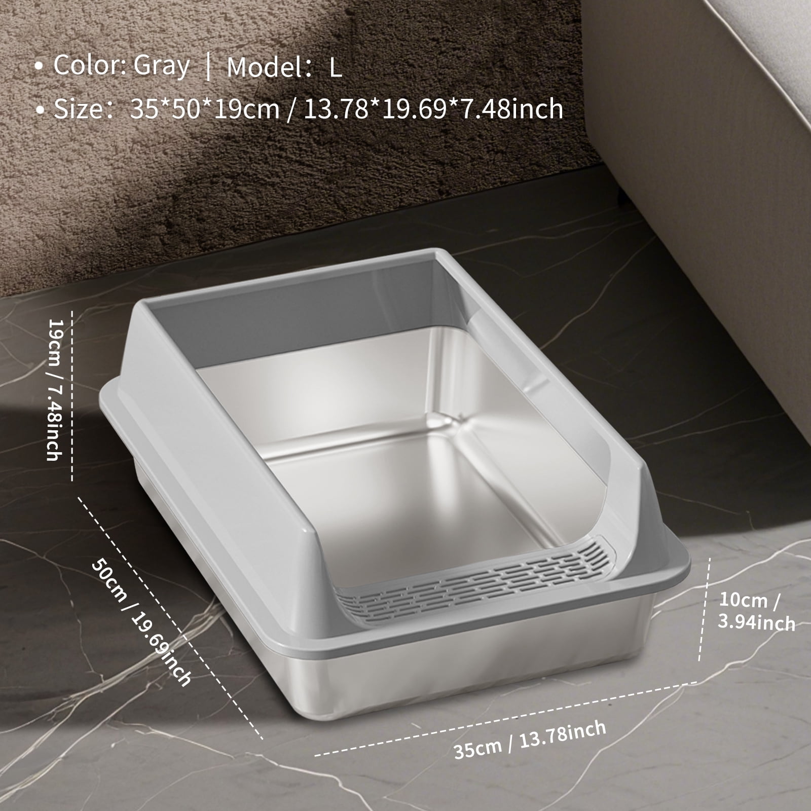 Stainless Steel Litter Box, Semi Enclosed High Side Cat Litter Box, Top Entry Litter Boxs for Senior Cats, Leak-Proof, Non-Sticky, Ideal for Indoor Cats Kitten, Gray/L