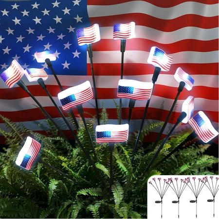 

4Pack Solar Garden Lights Outdoor 4th of July Decoration Waterproof American Flag Lights 24LED Swaying Firefly Solar Lawn Lights