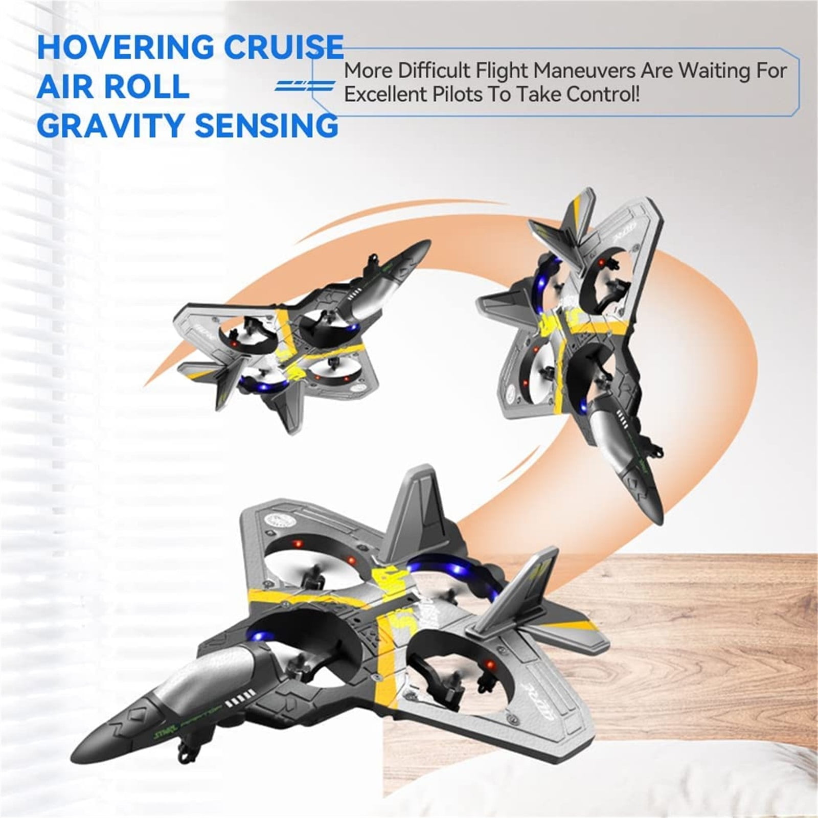 RC Fighter Jet Toy, Foam Drone Glider, Silver Remote Control Plane - 4-Rotor with LED Lights, Includes 1 Battery, 1 Remote, Charging Cable, 4 Spare Propellers - For Kids, Teens, Boys, Girls, Indoor O