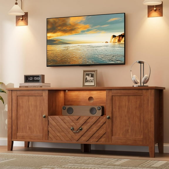 Roromall TV Stands for 65" TVs, Entertainment Center with LED Light, TV Console Table with 2 Door and 1 Drawer, V-Shaped TV Table for Living Room Bedroom