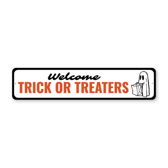 Welcome Trick or Treaters, Halloween Welcome Metal Sign, Holiday Decor - 4x18 inches