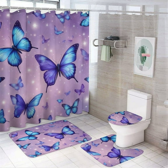Dreamy Purple Butterfly Pattern (51)-1 Shower Curtain Bathroom Sets Toilet Lid Rug, Bath Mat And Contour Mat, Shower Curtain 4Pcs