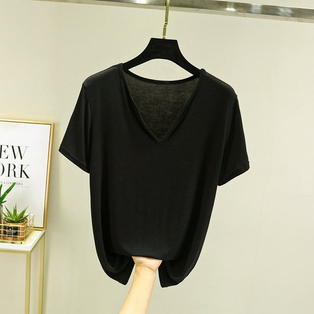 Fiudx Liquidación de Ofertas Flash Camiseta Holgada de Manga Corta de Color Sólido Informal con Cuello En V para Mujer Top/Camisa de Manga Corta con Cuello En V